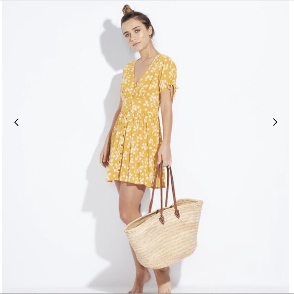Billabong Twirl Twist Mini Dress Yellow Women's Teen Small Summer Button Front - Picture 4 of 15